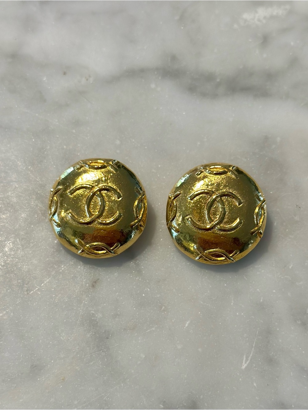 CHANEL Gold CC Embossed Round Button Earrings